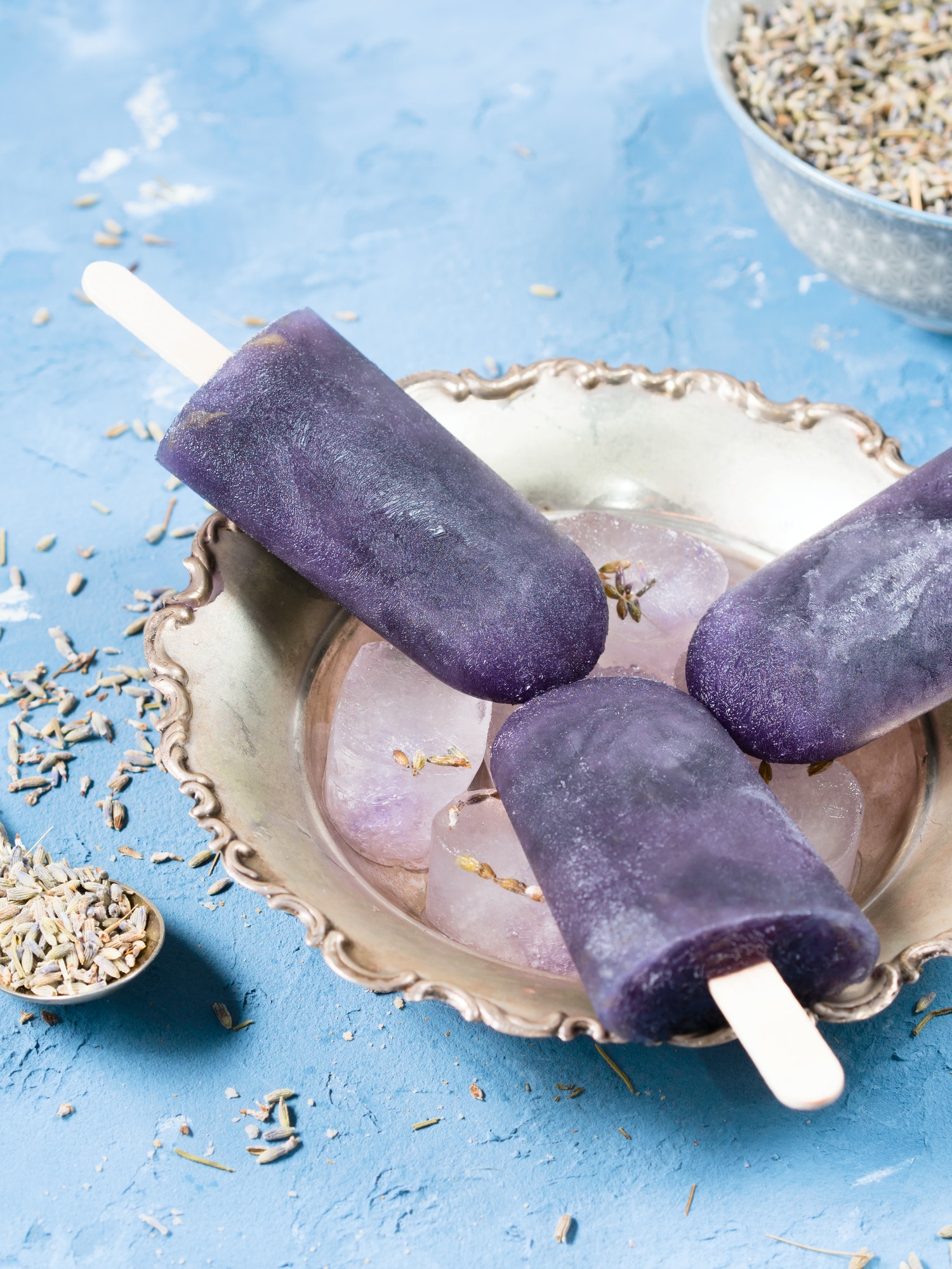 Lavender popsicles in a bowl