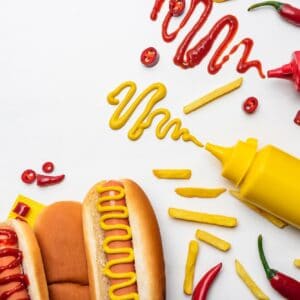 top view of tasty hot dogs and fries with mustard and ketchup on white surface