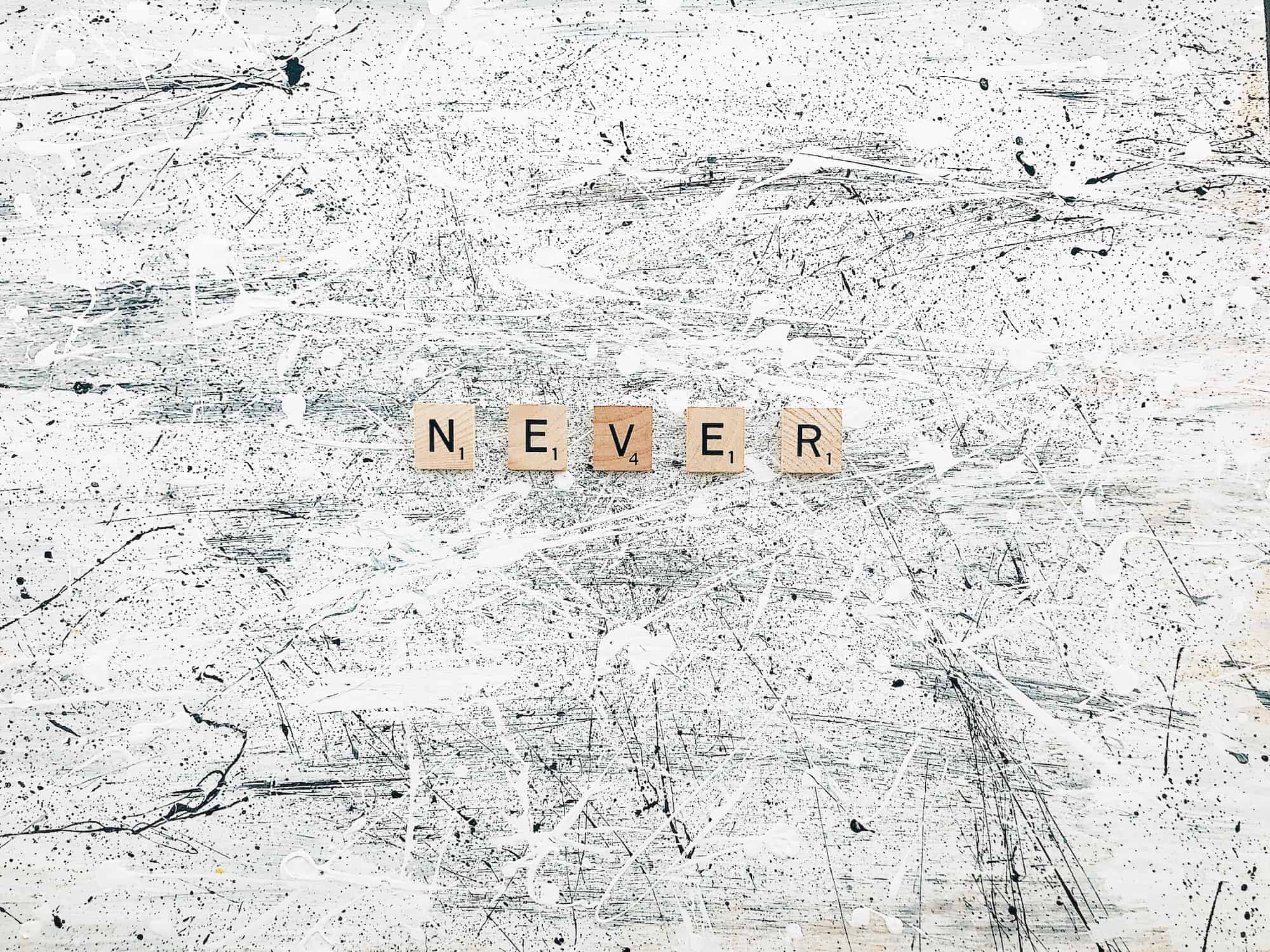 Never ! Abstract acrylic painted background with motivational words, quotes and phrases, wallpaper