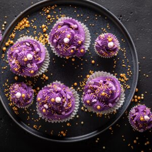 Sweet cupcakes with violet cream ready to eat.